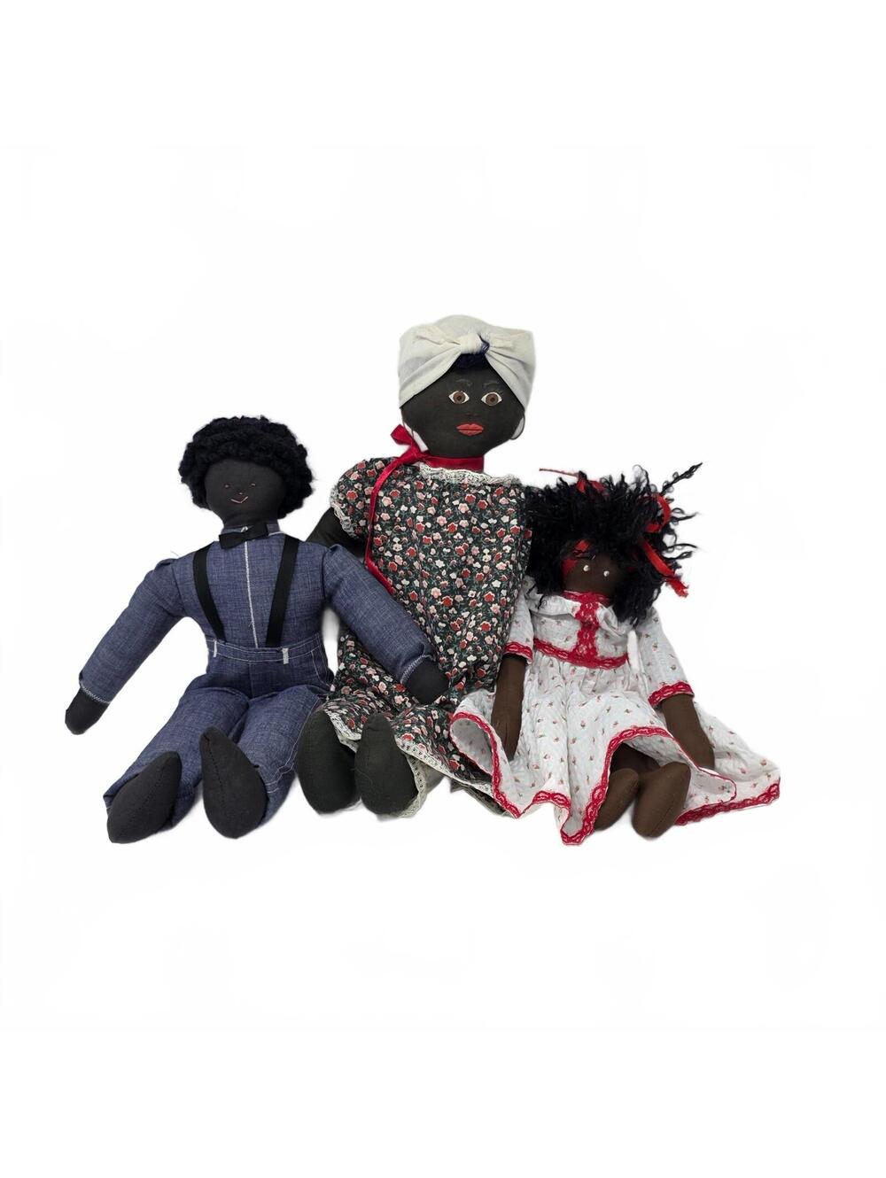 Set of 3 Vintage Handmade Black Cloth Dolls Folk Art Collection